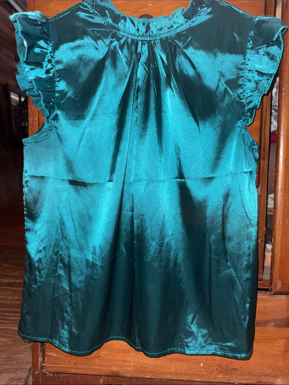 Satin Ruffle Sleeve Womens Top in Teal